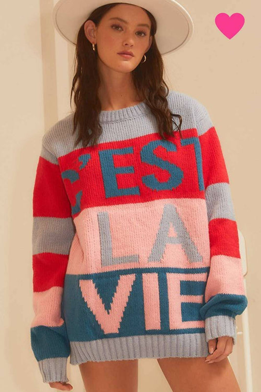 C EST LA VIE letter Oversize Color Block Sweater