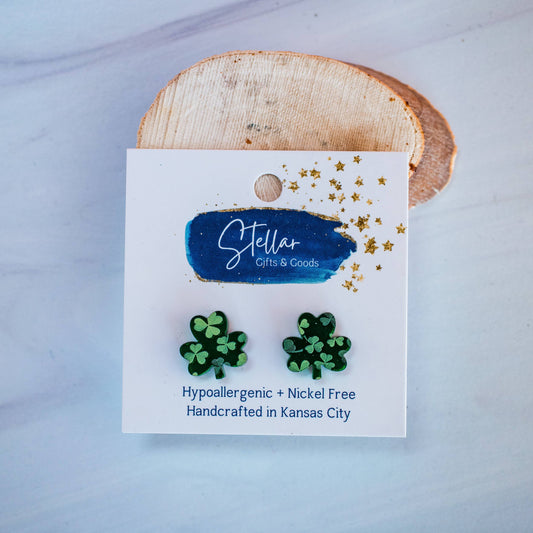 Green Mirror Shamrock Stud Earrings