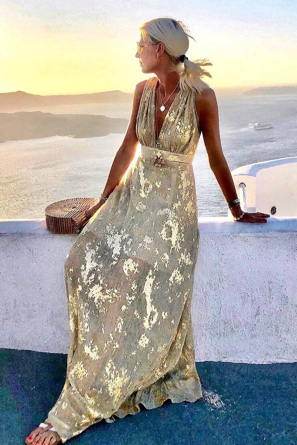 **Final Sale** V Neck Sleeveless Flowy Hem Maxi Dress-Gold